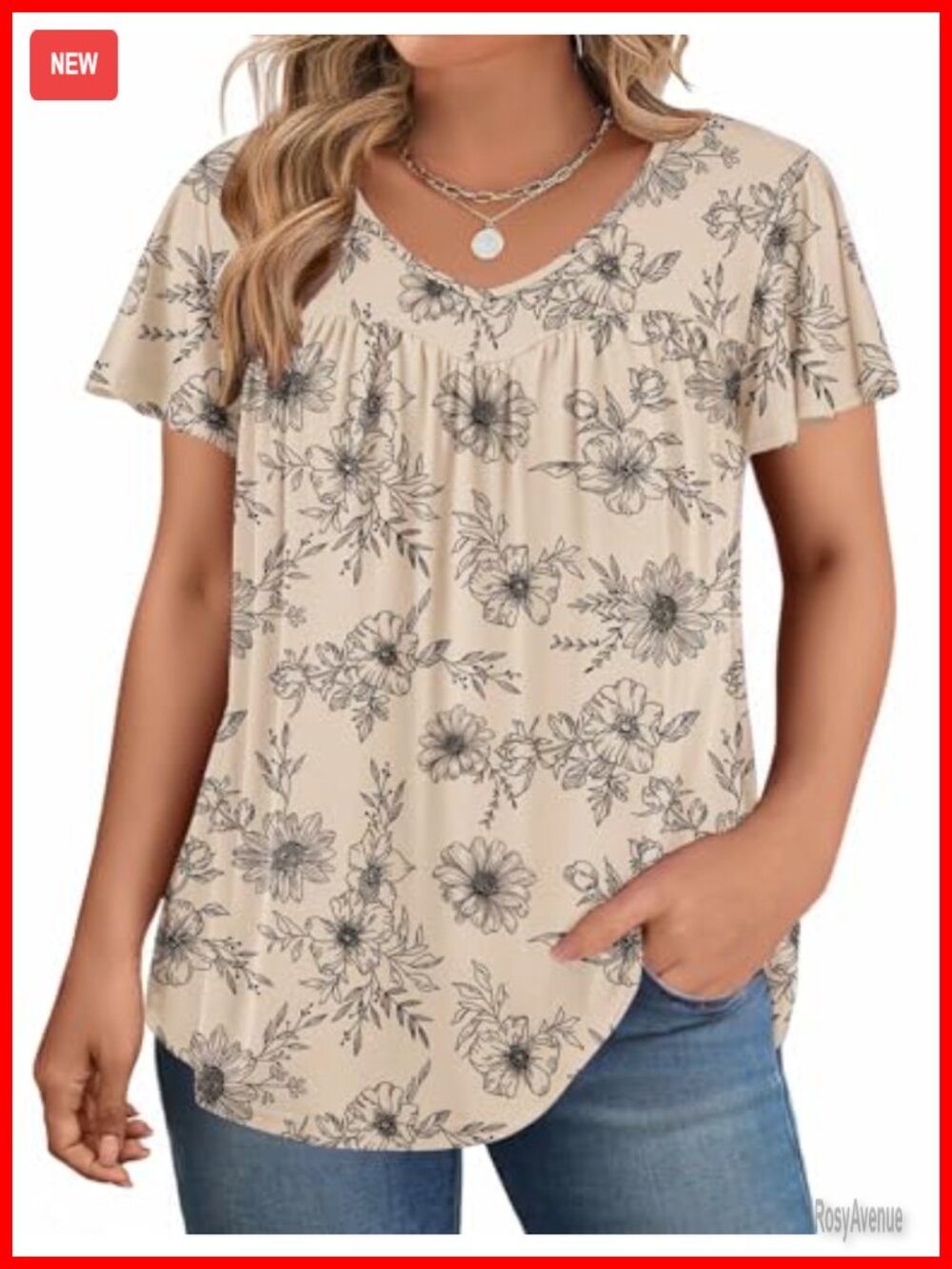Plus Size Ruffle Sleeve V-Neck Tunic Top Floral Blouse Dressy Summer Shirt